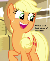 Size: 640x768 | Tagged: safe, edit, edited screencap, imported from derpibooru, screencap, applejack, earth pony, pony, going to seed, accent, applejack's hat, bronybait, cowboy hat, cropped, cute, dialogue, female, hat, hay, hay bales, jackabetes, mare, raised hoof, sweet apple acres, y'all