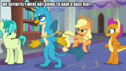 Size: 800x450 | Tagged: safe, edit, edited screencap, imported from derpibooru, screencap, applejack, gallus, sandbar, smolder, dragon, earth pony, griffon, pony, school daze, bipedal, book, caption, cowboy hat, female, hallway, hat, image macro, lasso, male, mare, mouthpiece, out of character, race riot, racism, rope, school of friendship, text