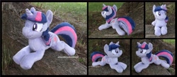 Size: 3975x1754 | Tagged: safe, artist:peruserofpieces, imported from derpibooru, twilight sparkle, alicorn, pony, beanie (plushie), commission, female, folded wings, front view, happy, horn, irl, lying down, mare, photo, plushie, profile, prone, rear view, smiling, solo, sploot, toy, twilight sparkle (alicorn), wings