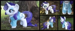 Size: 4230x1754 | Tagged: safe, artist:peruserofpieces, imported from derpibooru, rarity, pony, unicorn, accessory, clothes, hoodie, horn, irl, jacket, lidded eyes, photo, plushie, profile, solo, toy
