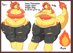Size: 4489x3266 | Tagged: safe, artist:braffy, imported from derpibooru, oc, oc:flamespitter, anthro, dracony, hybrid, anthro oc, bbw, belly, belly button, big belly, big breasts, breasts, clothes, fat, female, huge breasts, impossibly wide hips, looking at you, mare, obese, reference sheet, ssbbw, standing, wide hips