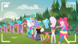 Size: 600x338 | Tagged: safe, imported from derpibooru, screencap, aqua blossom, bulk biceps, fleur-de-lis, frosty orange, lyra heartstrings, pinkie pie, snails, snips, trixie, equestria girls, equestria girls series, five lines you need to stand in, spoiler:eqg series (season 2), animated, bathroom line, clothes, converse, covering crotch, dancing, desperation, female, fetish fuel, male, need to pee, omorashi, outhouse, pants, pantyhose, potty dance, potty emergency, potty time, recording, selfie drone, shoes, shorts, skirt, sneakers