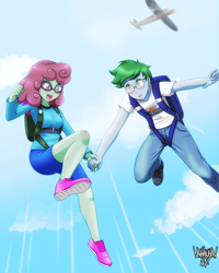 Size: 3600x4500 | Tagged: safe, artist:danmakuman, imported from derpibooru, oc, oc only, oc:software patch, oc:windcatcher, equestria girls, absurd resolution, clothes, commission, equestria girls-ified, falling, goggles, harness, open mouth, pants, parachute, plane, shirt, shoes, shorts, skydiving, tack, windpatch