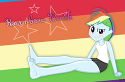 Size: 1459x957 | Tagged: safe, artist:grapefruitface1, deleted from derpibooru, derpibooru exclusive, imported from derpibooru, rainbow dash, equestria girls, awkward, awkward smile, barefoot, blushing, clothes, feet, female, looking at you, rainbow background, shorts, smiling, solo, tanktop