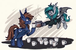 Size: 1098x728 | Tagged: safe, artist:lonerdemiurge_nail, imported from derpibooru, oc, oc only, oc:nail, oc:warly, bat pony, pony, clothes, coffee, coffee mug, hoodie, male, mug, stallion