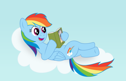 Size: 900x575 | Tagged: safe, artist:m.w., imported from derpibooru, rainbow dash, pegasus, pony, cloud, female, mare, on a cloud, reading, solo