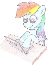 Size: 750x1000 | Tagged: safe, artist:m.w., imported from derpibooru, rainbow dash, pegasus, pony, computer, female, laptop computer, mare, pony (sony), simple background, solo, white background