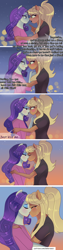 Size: 3000x12000 | Tagged: safe, artist:xjenn9, imported from derpibooru, applejack, rarity, anthro, comic:best friends, adorasexy, blushing, clothes, coming out, cute, female, jackabetes, kissing, lesbian, looking at each other, missing horn, ponytail, raribetes, rarijack, sexy, shipping, shirt, t-shirt