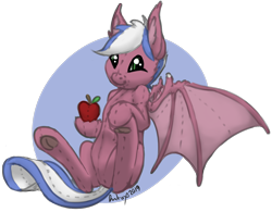 Size: 1822x1424 | Tagged: safe, artist:jiralightstalker, artist:sondy, deleted from derpibooru, imported from derpibooru, oc, bat pony, original species, plush pony, ambiguous gender, apple, bat pony oc, bat wings, ear fluff, food, frog (hoof), green eyes, holding, multicolored hair, plushie, simple background, transparent background, underhoof, wings