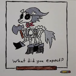 Size: 894x894 | Tagged: safe, artist:eternaljonathan, imported from derpibooru, skellinore, pony, skeleton pony, the break up breakdown, axe, bone, hayprego, pencil, satire, skeleton, traditional art, weapon, white board