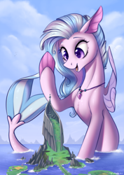 Size: 1500x2122 | Tagged: safe, artist:vincher, imported from derpibooru, silverstream, seapony (g4), cloud, commission, cute, diastreamies, female, giant hippogriff, giant seapony, giant/macro hippogriff, giantess, gigastream, high res, jewelry, macro, mount aris, necklace, ocean, scenery, scenery porn, seapony silverstream, solo, waving