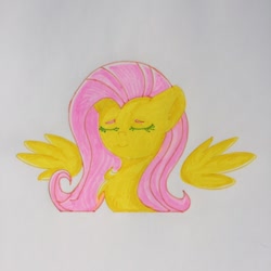 Size: 750x750 | Tagged: safe, artist:ksupav, imported from derpibooru, fluttershy, pegasus, pony, bust, chest fluff, eyes closed, female, floating wings, mare, marker drawing, portrait, rcf community, simple background, smiling, solo, three quarter view, traditional art, wings