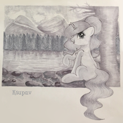 Size: 655x654 | Tagged: source needed, safe, artist:ksupav, imported from derpibooru, oc, oc only, oc:ksupav, pony, black and white, cloud, forest, gray background, grayscale, lake, monochrome, mountain, rcf community, rock, simple background, sky, solo, tree