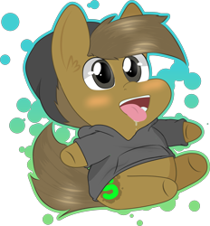 Size: 3236x3485 | Tagged: safe, artist:almond evergrow, imported from derpibooru, oc, oc only, oc:almond evergrow, earth pony, pony, brown coat, brown hair, brown mane, cap, chibi, chibi pony, clothes, drool, ear fluff, gray eyes, hat, hoodie, male, open mouth, simple background, simple shading, smiling, smol, solo, stallion, teeth, tongue out, transparent background