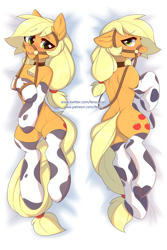 Size: 2002x3003 | Tagged: safe, alternate version, artist:fensu-san, imported from derpibooru, applejack, earth pony, pony, semi-anthro, applecow, bell, bell collar, blushing, body pillow, body pillow design, bridle, butt, clothes, collar, cowbell, cowprint, featureless crotch, female, mare, nudity, plot, reins, sexy, socks, solo, stockings, tack, thigh highs