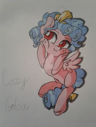 Size: 774x1032 | Tagged: safe, artist:melobeat, imported from derpibooru, cozy glow, pony, female, obtrusive watermark, solo, traditional art, watermark