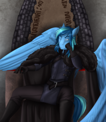 Size: 2399x2755 | Tagged: safe, artist:blackblood-queen, imported from derpibooru, oc, oc only, oc:umami stale, anthro, pegasus, anthro oc, clothes, commission, male, one eye closed, sitting, solo, stallion, throne