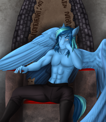 Size: 2399x2755 | Tagged: safe, alternate version, artist:blackblood-queen, imported from derpibooru, oc, oc only, oc:umami stale, anthro, pegasus, anthro oc, clothes, commission, male, one eye closed, partial nudity, sitting, solo, stallion, throne, topless