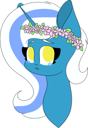 Size: 741x1079 | Tagged: safe, artist:applescribble33, imported from derpibooru, oc, oc:fleurbelle, alicorn, pony, alicorn oc, crying, floral head wreath, flower, yellow eyes