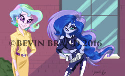 Size: 1280x783 | Tagged: safe, artist:bevin brand, imported from derpibooru, princess celestia, princess luna, equestria girls, alternate hairstyle, canterlot high, clothes, hand on hip, official fan art, principal celestia, punk, suit, torn clothes, vice principal luna, younger