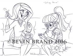 Size: 1280x986 | Tagged: safe, artist:bevin brand, imported from derpibooru, princess cadance, sci-twi, twilight sparkle, equestria girls, equestria girls series, clothes, couch, cup, dean cadance, glasses, hair twirl, lineart, monochrome, notepad, official fan art, pen, ponytail, shirt, sketch, skirt, taking notes, teacup