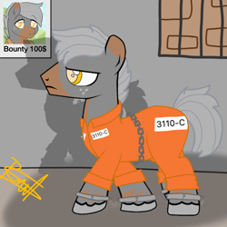 Size: 768x768 | Tagged: safe, artist:thunder burst, imported from derpibooru, oc, oc only, oc:butterange, earth pony, pony, chains, clothes, cuffs, prison, prison outfit, prisoner, solo