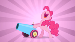 Size: 1280x720 | Tagged: safe, imported from derpibooru, screencap, pinkie pie, earth pony, pony, sweet and elite, female, happy, mare, party cannon, smiling, solo, sunburst background, wide grin