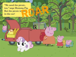 Size: 638x480 | Tagged: safe, imported from derpibooru, sweetie belle, pig, unicorn, car, crossover, cute, forest, george pig, heropig, katy perry, mr. dinosaur, mummy pig, peppa pig, peppa pig (character), picnic, reference, roar, scared, self paradox, teddy (peppa pig), teddy bear, text