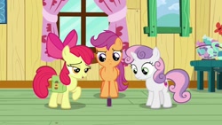 Size: 1920x1080 | Tagged: safe, imported from derpibooru, screencap, apple bloom, scootaloo, sweetie belle, the last crusade, candy, candy bowl, clubhouse, cutie mark crusaders, food, potion, prune juice, table, window