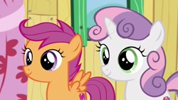 Size: 1920x1080 | Tagged: safe, imported from derpibooru, screencap, scootaloo, sweetie belle, pegasus, pony, unicorn, the last crusade, clubhouse, crusaders clubhouse, curtains, female, filly, foal, window