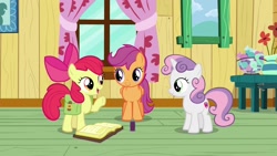 Size: 1920x1080 | Tagged: safe, imported from derpibooru, screencap, apple bloom, scootaloo, sweetie belle, the last crusade, candy, candy bowl, clubhouse, cutie mark crusaders, food, potion, prune juice, table, window