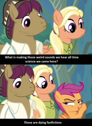Size: 1220x1664 | Tagged: safe, edit, edited screencap, editor:fluttershyisnot adoormat, imported from derpibooru, screencap, scootaloo, earth pony, pegasus, pony, the last crusade, engrish, female, filly, male, mare, meme, misspelling, stallion, trio