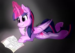 Size: 1894x1334 | Tagged: safe, artist:noxi1_48, imported from derpibooru, twilight sparkle, alicorn, pony, book, digital art, fluffy, happy, magic, reading, twilight sparkle (alicorn), wings