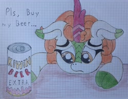 Size: 3889x3005 | Tagged: safe, artist:juani236, imported from derpibooru, autumn blaze, kirin, alcohol, beer, can, female, floppy ears, frown, graph paper, kirin beer, leaning, lidded eyes, looking down, pls, sad, solo, table, text, traditional art