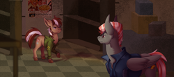 Size: 2499x1113 | Tagged: safe, artist:coillte, imported from derpibooru, oc, oc only, oc:hotshot, oc:roulette, earth pony, pegasus, pony, fallout equestria, fallout equestria: red 36, abandoned, box, clothes, fanfic art, female, jacket, male, mare, mohawk, post-apocalyptic, poster, shelf, squint, stallion, standoff, store