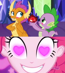 Size: 845x946 | Tagged: safe, artist:mlpfan3991, deleted from derpibooru, edit, imported from derpibooru, screencap, pinkie pie, smolder, spike, dragon, coinky-dink world, eqg summertime shorts, equestria girls, female, gem, heart, male, pinkie's eyes, shipping, shipping fuel, spolder, straight