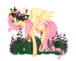 Size: 2052x1636 | Tagged: safe, artist:rrimia, imported from derpibooru, fluttershy, pegasus, pony, cheek fluff, colored hooves, cute, female, floral head wreath, flower, lavender, leg fluff, looking at you, looking sideways, mare, outdoors, raised hoof, raised leg, shyabetes, simple background, solo, spread wings, three quarter view, white background, wings