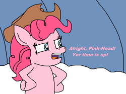 Size: 1032x772 | Tagged: safe, artist:logan jones, imported from derpibooru, pinkie pie, pony, applejack's hat, bipedal, cowboy, cowboy hat, cowgirl, hat, hooves on hips, implied fluttershy, pretend, sandy's treedome, snow, spongebob squarepants, squint, survival of the idiots, western