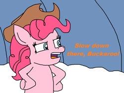 Size: 1032x772 | Tagged: safe, alternate version, artist:logan jones, imported from derpibooru, pinkie pie, pony, applejack's hat, bipedal, buckaroo, cowboy, cowboy hat, cowgirl, hat, hooves on hips, ponified meme, reaction image, sandy's treedome, slow down, snow, spongebob squarepants, survival of the idiots, western
