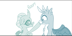 Size: 725x363 | Tagged: safe, artist:sintakhra, imported from derpibooru, gallus, ocellus, changedling, changeling, griffon, tumblr:studentsix, boop, chest fluff, cropped, cute, diaocelles, female, gallabetes, happy, male, wings