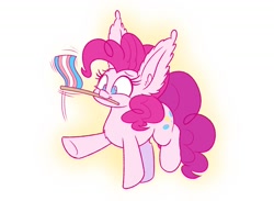 Size: 1500x1100 | Tagged: safe, artist:heir-of-rick, imported from derpibooru, pinkie pie, earth pony, pony, ear fluff, female, flag, impossibly large ears, mare, mouth hold, no pupils, pride, pride flag, pride month, raised hoof, simple background, solo, trans rights, transgender pride flag, white background