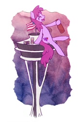 Size: 730x1095 | Tagged: safe, artist:rainspeak, imported from derpibooru, berry punch, earth pony, pony, alcohol, drunk, female, go home you're drunk, seattle, solo, space needle, this will end in death