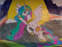 Size: 3264x2448 | Tagged: safe, artist:supahdonarudo, imported from derpibooru, princess celestia, pony, celestia day, flying, mountain, sun, sunrise, traditional art