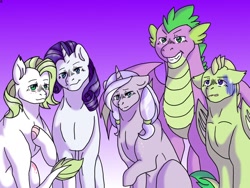 Size: 1024x768 | Tagged: safe, artist:icefeather24, imported from derpibooru, rarity, spike, oc, oc:adrien, oc:amethyst, oc:skyla, dracony, hybrid, claw hooves, family, female, gradient background, interspecies offspring, male, offspring, older, older spike, parent:rarity, parent:spike, parents:sparity, shipping, sparity, straight