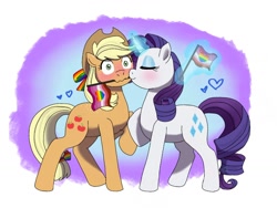 Size: 1024x768 | Tagged: safe, artist:fallenangel5414, imported from derpibooru, applejack, rarity, pony, blushing, cute, female, freckles, heart, lesbian, lesbian pride flag, lgbt, love, pride, rarijack, shipping, smooch