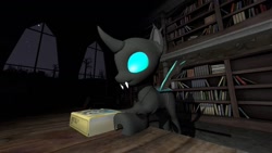 Size: 1192x670 | Tagged: safe, artist:kayman13, imported from derpibooru, thorax, changeling, 3d, book, holding book, library, looking down, source filmmaker