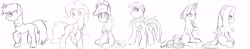 Size: 5500x1080 | Tagged: safe, artist:konik006, imported from derpibooru, applejack, fluttershy, pinkie pie, rainbow dash, rarity, twilight sparkle, earth pony, pegasus, pony, unicorn, female, mane six, mare, monochrome, raised hoof, simple background, sitting, sketch, traditional art, white background