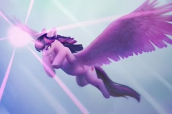 Size: 1300x858 | Tagged: safe, artist:orchidpony, imported from derpibooru, twilight sparkle, alicorn, pony, female, flying, horn, magic, mare, sky, solo, spread wings, twilight sparkle (alicorn), wallpaper, wings