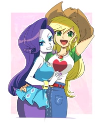 Size: 767x941 | Tagged: safe, artist:murai shinobu, imported from derpibooru, applejack, rarity, equestria girls, equestria girls series, anime, cute, female, geode of shielding, geode of super strength, jackabetes, lesbian, magical geodes, raribetes, rarijack, rarity peplum dress, shipping, smiling