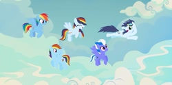 Size: 1269x629 | Tagged: safe, artist:wispyaxolotl, imported from derpibooru, rainbow dash, soarin', oc, oc:cloud racer, oc:lightning strike, oc:skye painter, pegasus, pony, alternate hairstyle, base used, family, female, flying, goggles, male, mare, offspring, parent:rainbow dash, parent:soarin', parents:soarindash, shipping, short hair, soarindash, stallion, straight